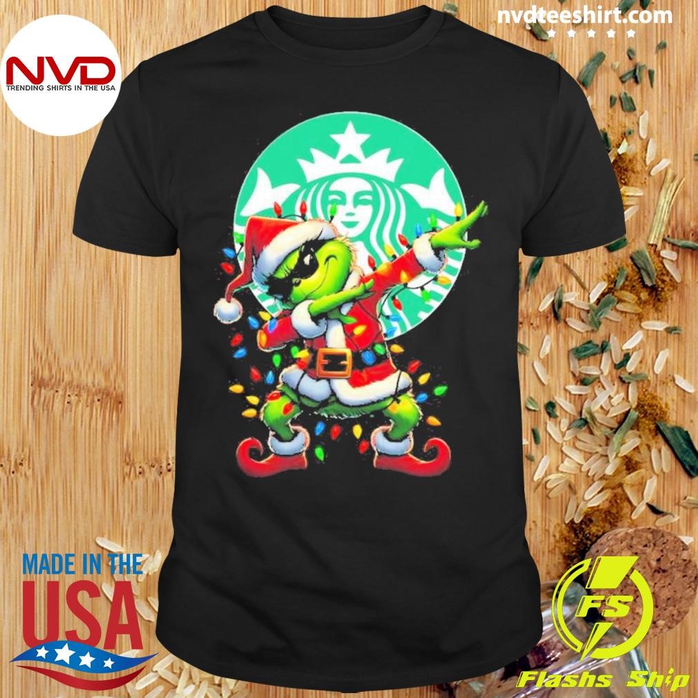 Santa Grinch Dabbing Starbucks Merry Christmas 2024 Light Shirt