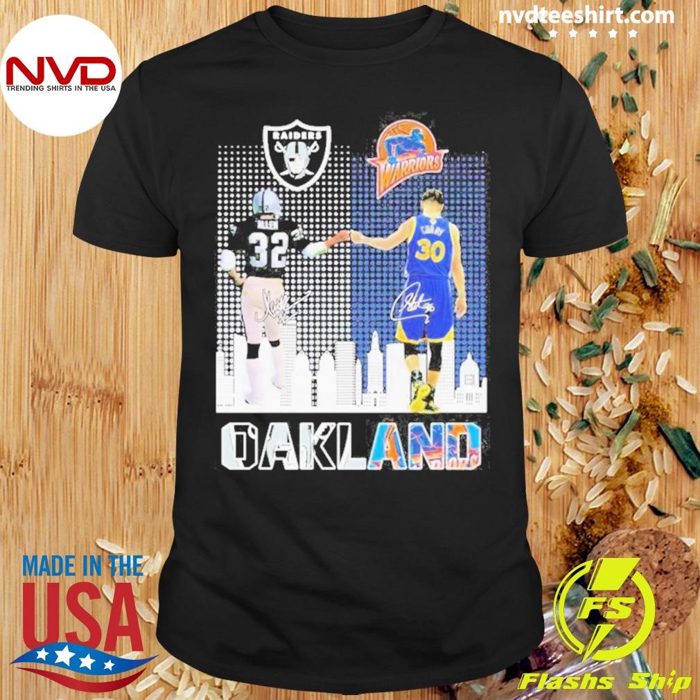 Stephen Curry Signatures Oakland Sports Teams Las Vegas Raiders Marcus Allen And Golden State Warriors Shirt