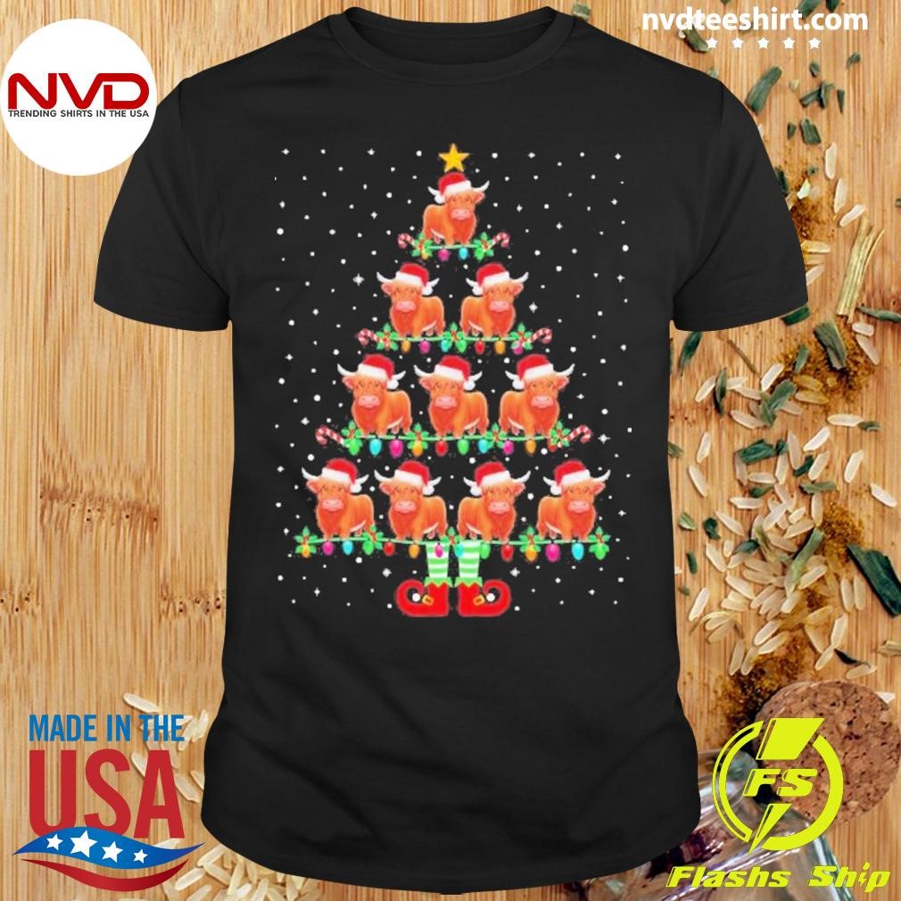 Christmas Tree Lights Santa Hat Elf Highland Cow Xmas Tree Cow Shirt