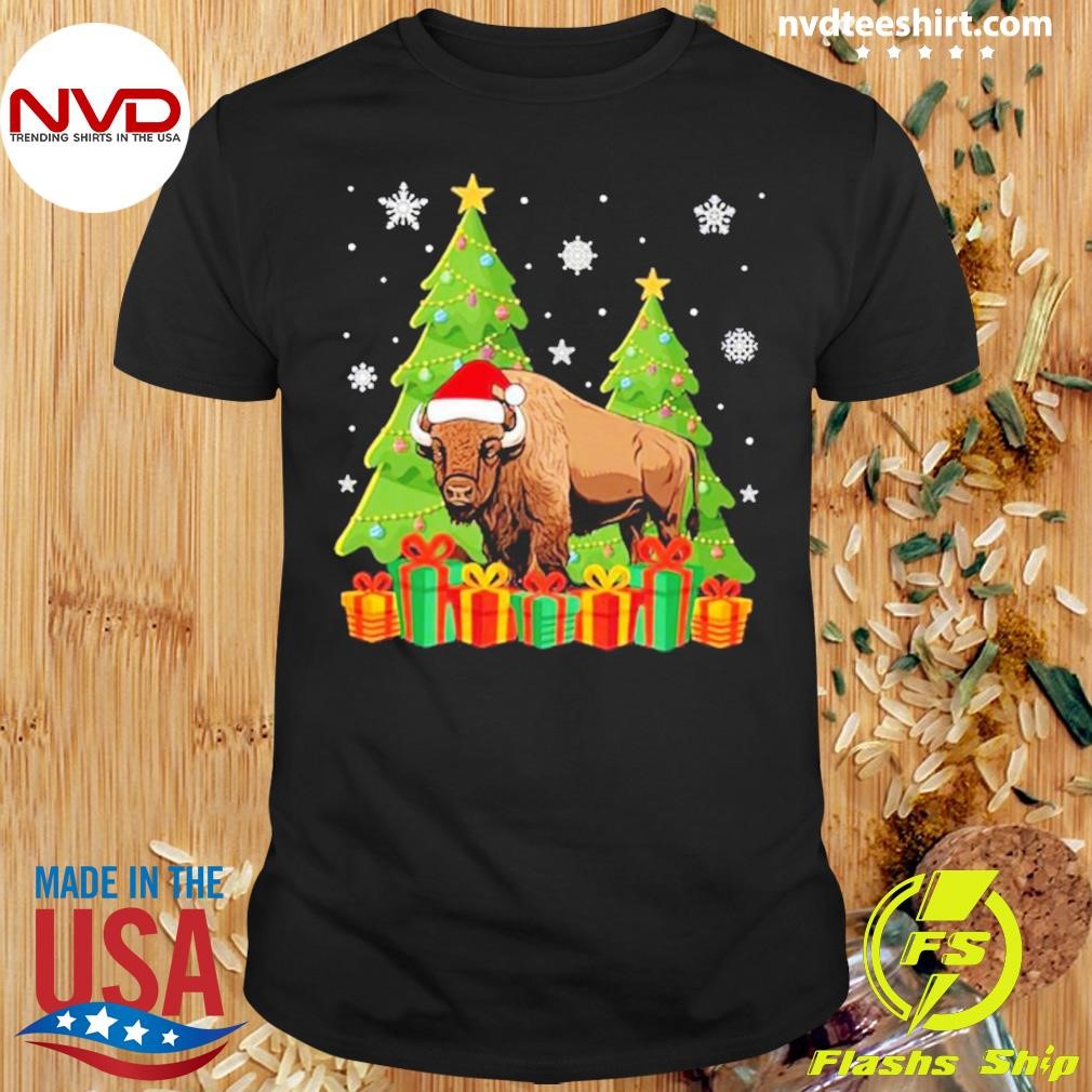 Cow Bison Pine Tree Snow Flakes Christmas 2024 Shirt