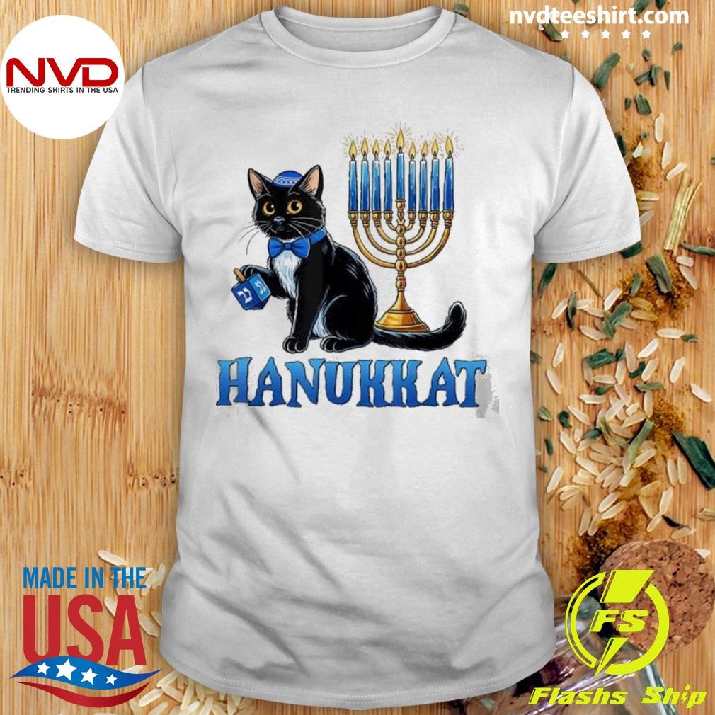 Cute Happy Hanukkah Hanukkat Jewish Cat Menorah Chanukah Shirt