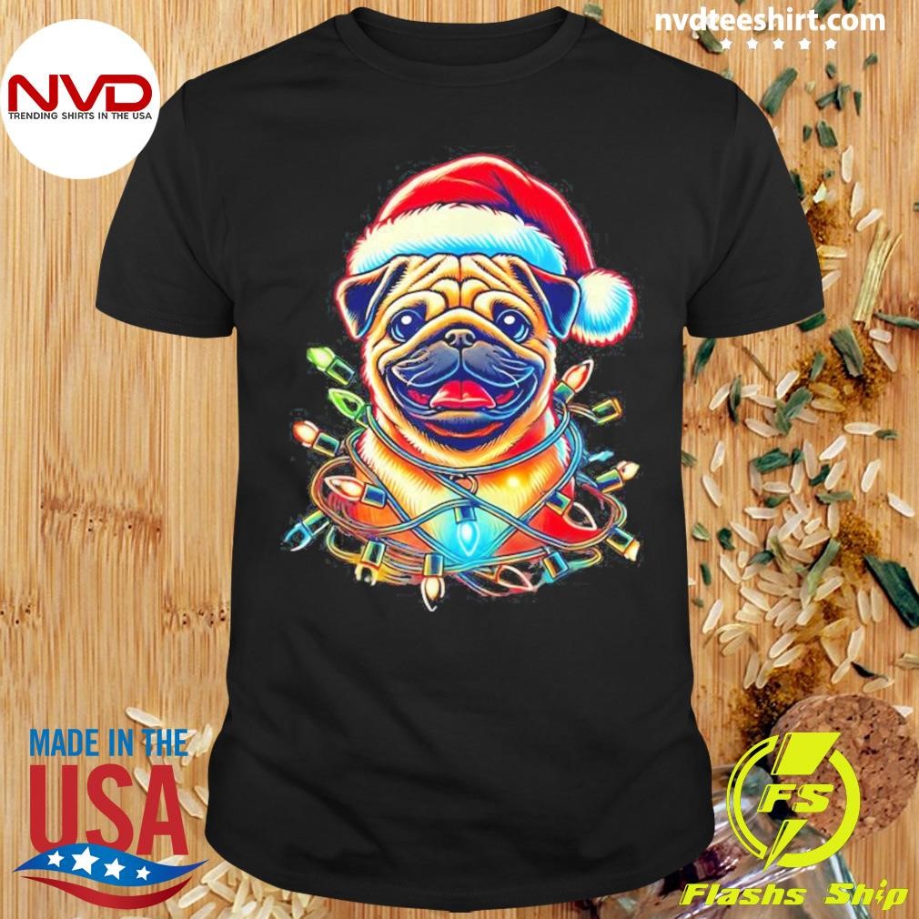 Festive Pug With Santa Hat And Christmas 2024 Lights Cute Shirt