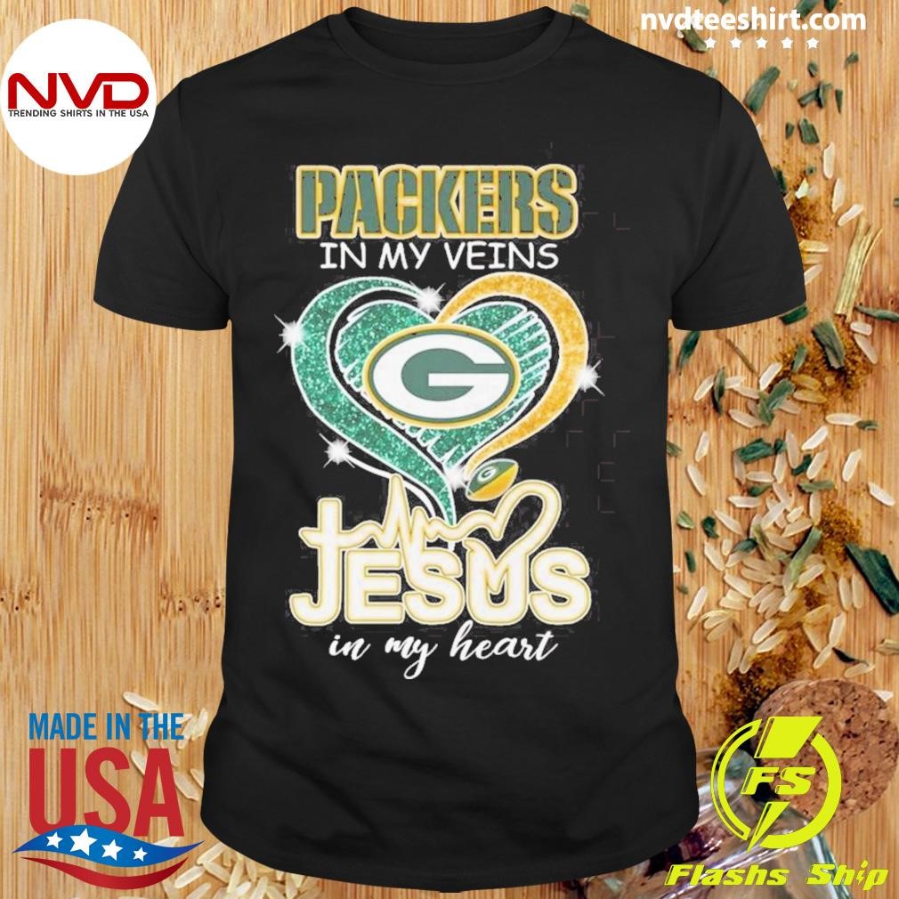 Green Bay Packers In My Veins Jesus In My Heart Diamond 2024 Shirt