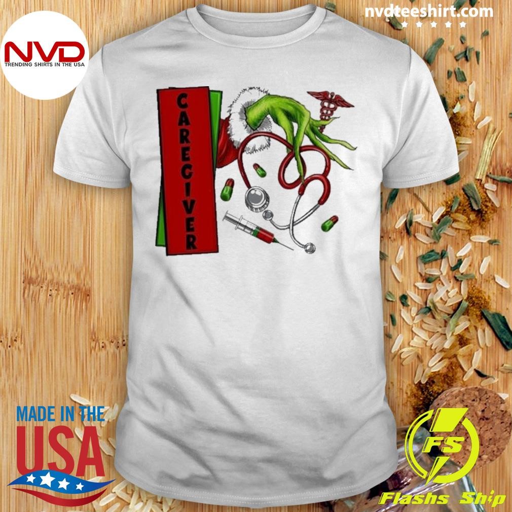 Grinch Hand Hold Nurse Caregiver Merry Christmas 2024 Shirt