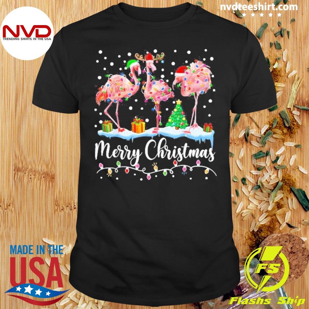 Merry Christmas 2024 Flamingo Santa Hat Xmas Pajamas Holiday 2024 Shirt