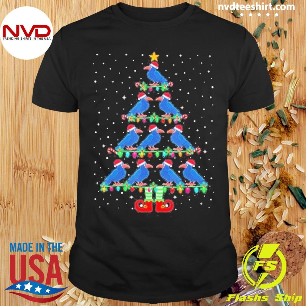 Merry Christmas 2024 Lights Santa Hat ELF Crow Xmas Tree Ugly Sweater Shirt