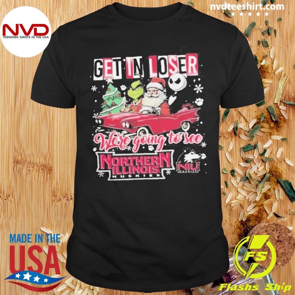 Santa Grinch And Jack Skellington Driving Car Get In Loser We’re Going To See Northern Illinois Huskies Christmas Shirt