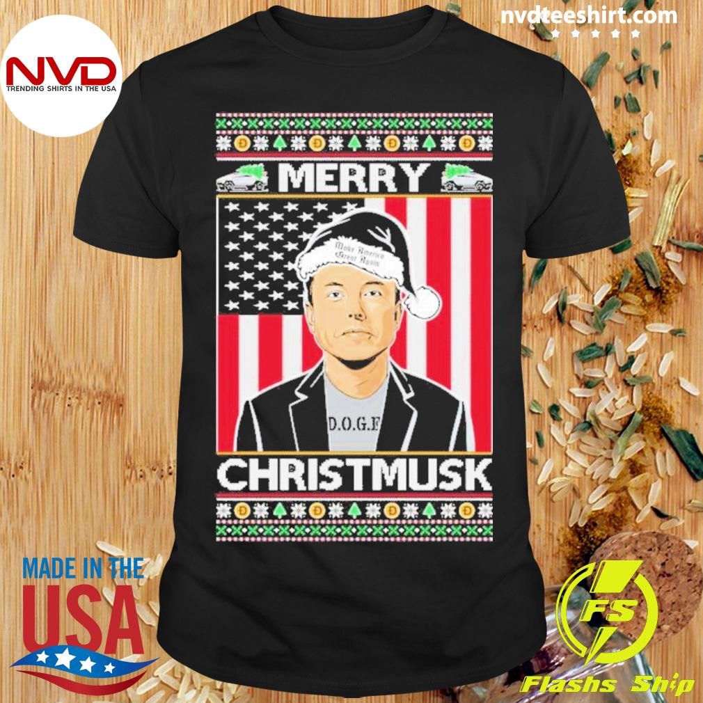 Merry Christmusk Funny Dark Maga Santa Elon Doge Meme Ugly Christmas Shirt